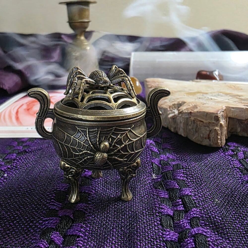 Bronze Spider Cauldron Incense Burner – Filigree Spiderweb Tripod Censer